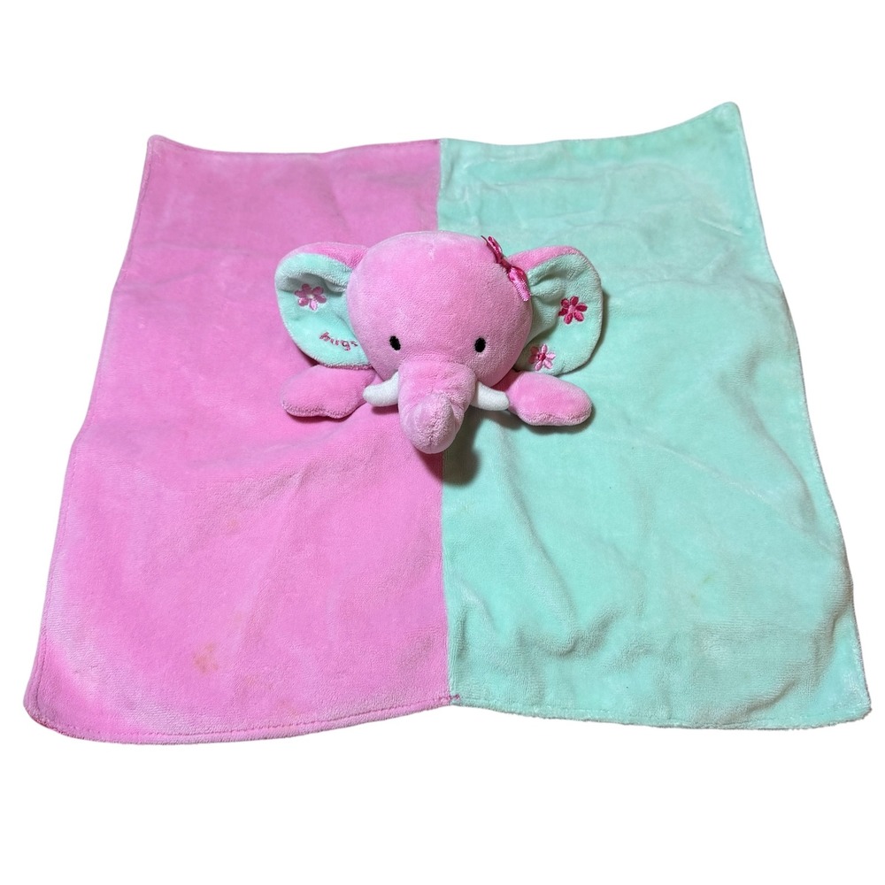Okie Dokie Elephant Baby Security Blanket Lovey Pink Green Satin Back Embroidery